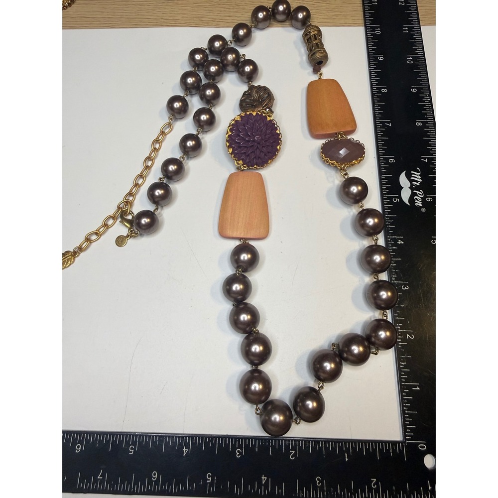David Aubrey Statement Necklace Pearl Floral Wood Resin Chunky Mixed Media Brown